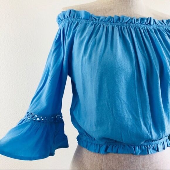 Blue Off The Shoulder Crop Top  - Picture 2 of 6